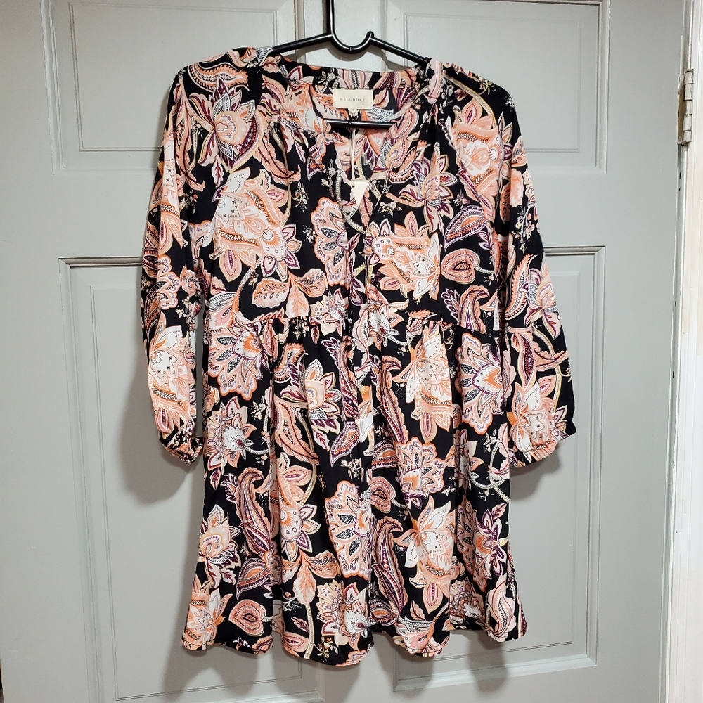 Melloday Tunic Women Size‎ Small Floral 3/4 Sleeve V Neck Black Button Down New